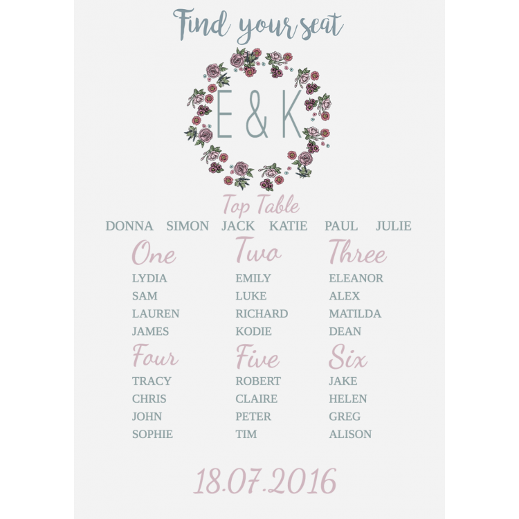 Wedding Seating Plan - Template 3- Grey Floral